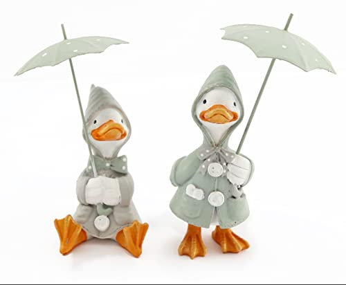 Cute Rainy Day Duck With Umbrella - Set Of 2 Decorative Ornaments - Duck Egg Blue/Green/White - 17 cm approx