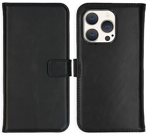 SELENCIA Bookcase Hülle kompatibel mit iPhone 15 Pro – Era Leder Handytasche Side Flip Case – Handyhülle aus Rindsleder in Schwarz [3 Kartenfächer, Magnetverschluss]