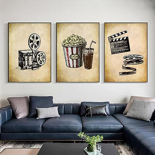 Retro Home Decor Kino Vintage Kunst Leinwand Malerei Wandbild Popcorn Film Clapper Poster für Wohnzimmer Dekor 40x60cmX3 Rahmenlos