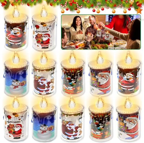 MEISHANG Weihnachtskerzen mit Batterie,12 Stück LED Kerzen,Elektrische Kerzen,Flammenlose Kerzen,Weihnachtsbeleuchtung,weihnachtskerzen mit Motiv,Warme Weiße