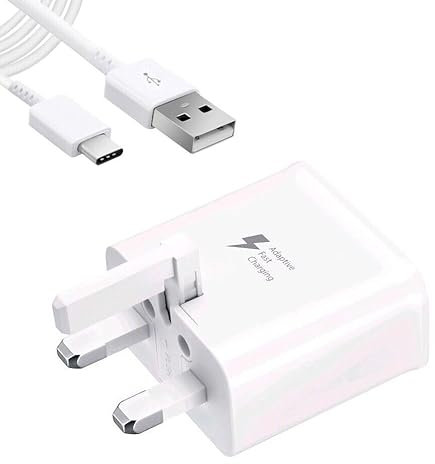 Genuine Original Samsung EP-TA200 / EP-TA20 Adaptive Fast Charging Adaptive UK Wall Plug Adapter & Samsung USB A to Type C Charge Cable Lead (White Charger & Lead)