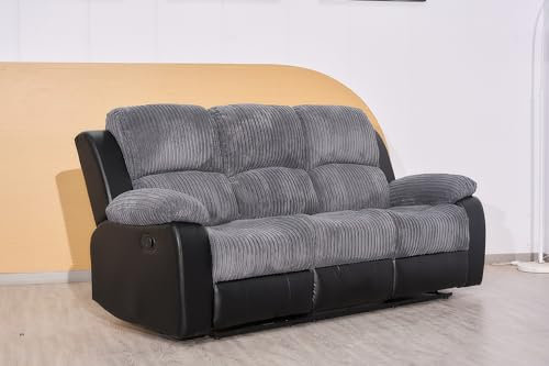 Rio Recliner Black/Grey Jumbo Cord Fabric Sofa - Luxury 3 SeaterSettee For Living Room Furniture - Modern Cheap Couches (3 Seater Sofa)