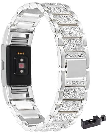 LXURY Bling Metall Armbänder kompatibel mit Fitbit Charge 3/ Charge 4 Armband, Funkelnd Diamant Metall Ersatz Armband (Silber)