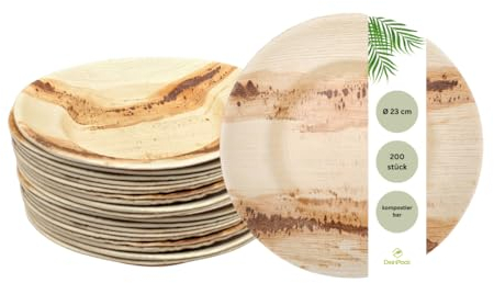 DeinPack Lot de 200 assiettes rondes en feuille de palmier de 23 cm | Vaisselle jetable | Vaisselle jetable | Bol à collation | Assiette compostable