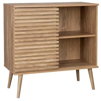 sweeek - Buffet scandinave décor Bois. Buffet Haut. vaisselier. avec 1 Porte coulissante rainurée et 2 étagères 80cm