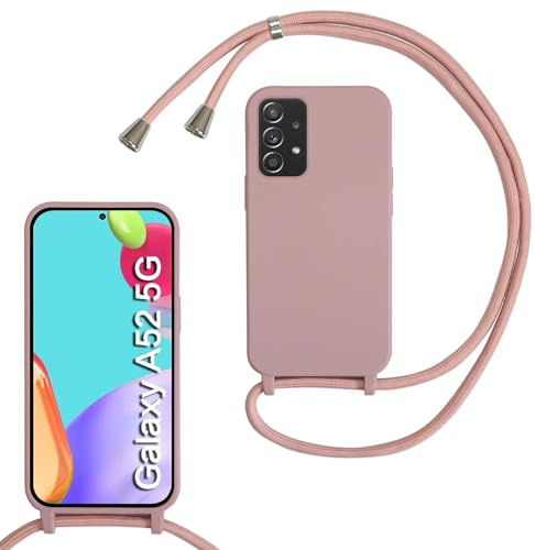 MBSLFY Silikon Handykette für Samsung Galaxy A52S/A52 5G Hülle mit Band,Silikon Necklace Handyhülle mit Abnehmbar Kordel zum Umhängen Stossfest Bumper Handy Schutzhülle für Samsung A52, Hell Pink