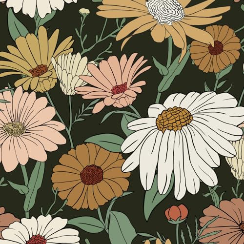 VOEAAR Boho Peel and Stick Vintage Daisy Floral Wallpaper Flower Contact Paper Modern Vinyl Removable Self Adhesive for Countertop Cabinet Bathroom Dark Green White Pink 44.5CM x 1000CM