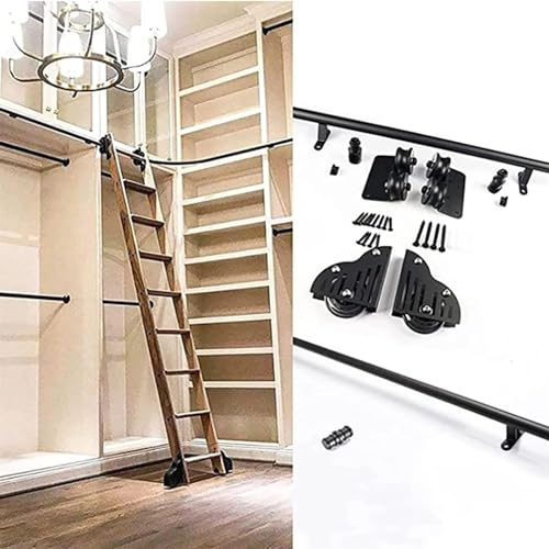 Rollbares Leiterschienenset für Bibliotheken, Schiebebeschlagset (ohne Leiter), schwarzes rundes Rohr, mobiles Leitergeländer, Garagenschrank, Schienensystem aus Kohlenstoffstahl, Wandmontag