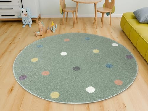 AKCILA Lima runder Kinder Teppich Minze 100 cm, Kinderzimmer Kurzflor Teppiche| Kinderteppich Mädchen| Kids Carpet |Spielteppich Kinder Babyzimmer Tepich |gepunktetes Muster |Wohnzimmer Teppich