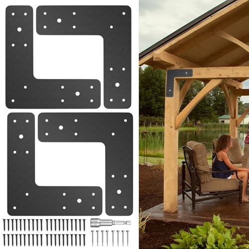 Heavy Duty L Brackets, Made of Heavy Duty Metal, L Shaped Flat Patching Plates for 4x4, 6x6 Lumber, Black Powder Coated Heavy Duty Gazebo Brackets for Repairing Houses, Gazebos, Trusses(L-Shape)