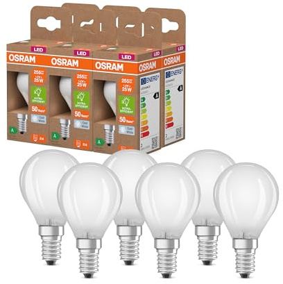 OSRAM in Classic mini Ball Shape, with Decorative LED Filament in Frosted Design, A, E14, 1.2W, 255lm, 4000K, Cool White.No Heating, 6 Pack