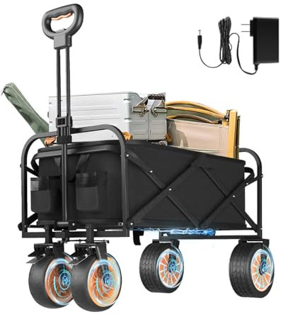 Carrello elettrico pieghevole nero con capacità di carico di 300 libbre con tavola in legno e maniglia regolabileCarrozzone multiuso adatto a giardino, spiaggia, pesca