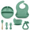 7 Pieces Baby Weaning Set - BPA-Free Silicone Strong Suction Divided Plate, Bowl, Spoon, Fork, Bib w/Catcher - Microwave & Dishwasher Safe Silicone Baby Feeding Set w/Wooden Spoon & Bonus Baby TEETHER