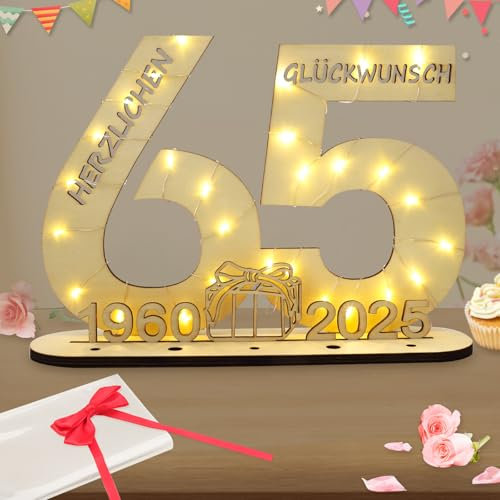 Seutgjie Deko 65 Geburtstag Frau Mann, Geldgeschenke Geburtstag 65 Originelle Holz Schild Gästebuch mit LED Lichterkette für Männer Frauen Jubiläum Tischdeko 1960-2025