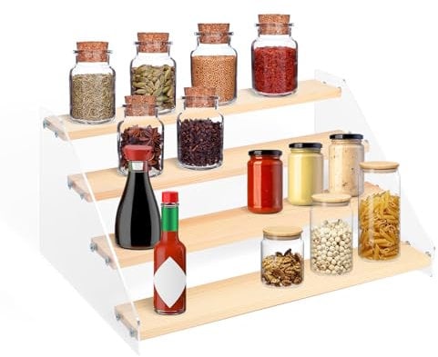 Scaffale per spezie in acrilico da cucina, 4 scaffali per spezie per interni, profumi, gioielli in legno, supporto per espositori artigianali, misura trucco, cura della pelle