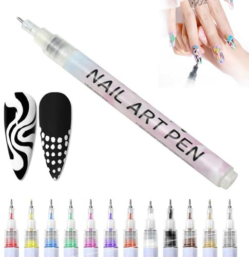 Nail Art Pens,0.5mm Quick Dry Nail Artnail Varnish Pens,12 Colors Nail Art Graffiti Pen Nail Drawing Pen,Nail Art Pens,Waterproof Nail Polish Pens Set,Nail Polish Pen Set,Nail Gel Pens (White)