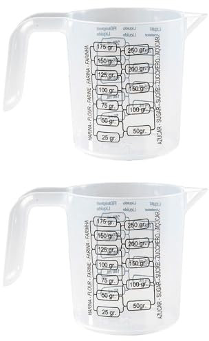 Tradineur - Pack de 2 Jarras de medición con asa - Fabricado en Plástico - Capacidad de 250 ml - Medidas para harina y azúcar hasta 250 gr -9 x 13 x 8 cm