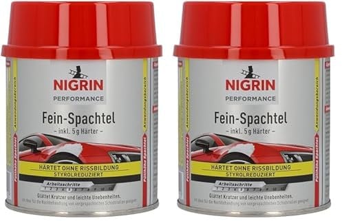NIGRIN Performance Fein-Spachtel, härtet ohne Rissbildung, glättet Kratzer und Unebenheiten, 245 g inkl. 5 g Härter (Packung mit 2)