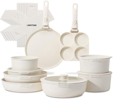JEETEE Batterie de Cuisine Antiadhésive 20 Pcs, Sets de Poêles et Casseroles avec Poignée Amovible, Ensemble de Cuisine pour Camping-car, Empilable, Passe au Four, Sans PFAS/PFOA, Beige