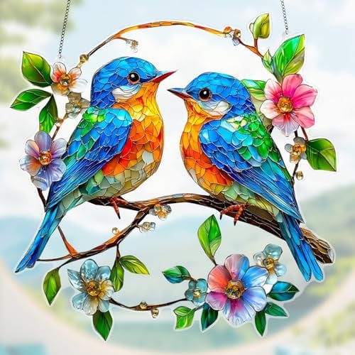 BSITSSS Garden Suncatcher Robin, Sun Catcher Robin on Branch, Couple Bird Hanging Garden Ornaments for Window Home Outdoor Wall Fence Decorations