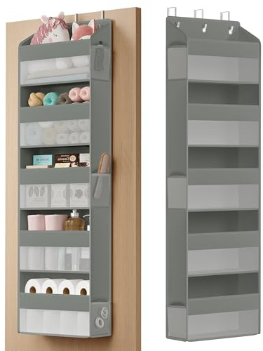 SONGMICS Tür-Organizer mit 5 Fächer, Hängeorganizer, faltbar, 1 Stück | Mit durchsichtig, Metallhaken, 6 Seitentaschen, Abstellraum, Bad, Schlafzimmer, taubengrau, TINA Kollektion RDH010GD01