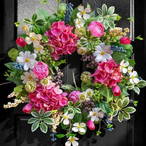 Spring Wreaths for Front Door Outside Summer Wreath 24 Inch with Luxury Peony & Hydrangea Floral Wreaths with Greenery Colorful Seasonal Spring Door Wreath for Outdoor Home Decor