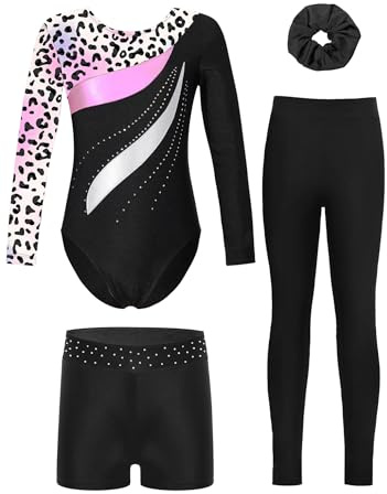 Freebily Mädchen Turnanzug Langarm Mit Hose Lang Kinder Beduckte Gymnastik Body Leggings Shorts Und Haargummi Wettkampf Tanzkleidung