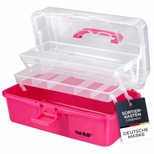 HMF Nähkasten aufklappbar mit 3 Ebenen, Sortierbox für Kleinteile | 33 x 20 x 15 cm | Pink