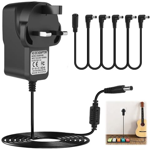 9V Guitar Pedal Power Supply 1A AC DC Adapter with 5 Way Daisy Chain Cables Barrel 5.5mm x 2.1mm for Most Guitar Effects Pedal Stompbox Center Negative Sleeve Positive Polarity