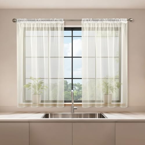 Runyéla Stores - Set di 2 tende a pannello in voile con fettuccia arricciata, 120 x 90 cm (altezza x larghezza), trasparente, beige, per soggiorno e camera da letto
