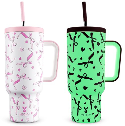 Meoky 1182ml Tumbler with Straw and Lid, Glow in the Dark Tumbler | Cold for 34 Hours or Hot for 10 Hours, 100% Leak-Proof, Insulated Stainless Steel Travel Mug Water Bottle (Pink Bow)