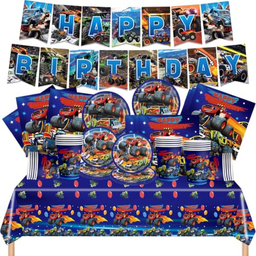 82pezzi Stoviglie Compleanno Truck,Decorazioni Compleanno Auto | Stoviglie per Feste Piatti Carta, Bicchieri, Tovaglioli e Tovaglia per 20 ospiti