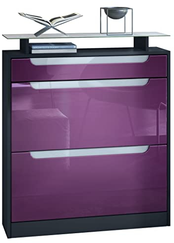 Vladon Schuhschrank Fiesta, Schwarz matt/Brombeer Hochglanz/Weiß Hochglanz - Schuhkipper für 16 Paar Schuhe (89 x 104 x 23 cm)
