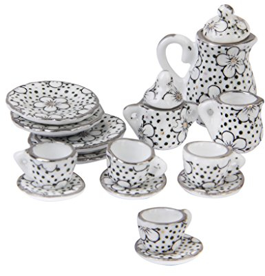 MagiDeal 1/12 Dollhouse Miniature Daisy Porcelain Dinning Ware Tea Set Cup Pot Saucer 15pcs
