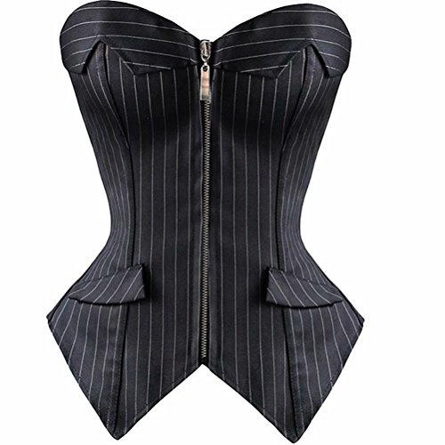 jutrisujo Overbust Corsets and Bustiers Lingerie for Women Striped Plus Size Zipper Sexy Gothic Office, 5802 Black, 2XL(For Waist 32-33inch)
