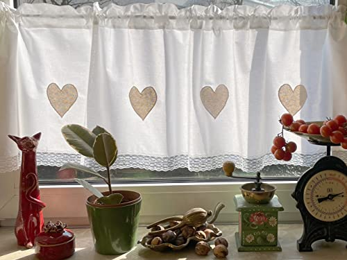 Leinenshop24 Bistrogardine Kurzgardine Weiß mit Spitze 100% Baumwolle 140 x 42 cm Landhaus Shabby Retro Paris French Vintage Carte Postale