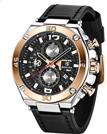 BENYAR herrenuhr Braun Leder Strap Chronograph Quarz Uhr Männer Datum Kalender Wasserdicht Armbanduhr Herren Sport mit Blau/Schwarz Zifferblatt Elegantes Geschenk