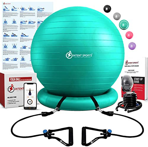 INTENT SPORTS Yoga Ball Stuhl,Stabilitätsball mit aufblasbarer Stabilitätsbasis & Widerstandsbänder, Fitnessball für Home Gym, Büro, Rumpfhaltung, Balance (65cm) (Minzgrün)
