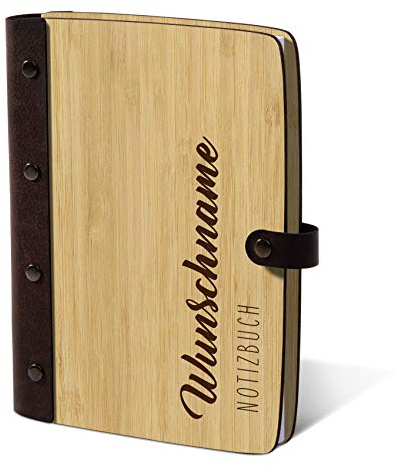 Notizbuch Holzcover individuelle Gravur mit Echtleder Rücken 72 Blatt | 144 Seiten A5 hoch 158x222mm Bambus - Name schlicht