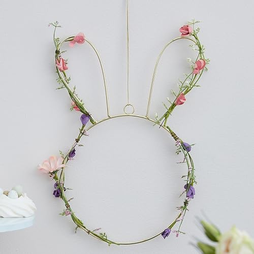 Ginger Ray Frühlingskranz in Hasenform mit Laub und Pastellblumen, 32 cm, Gold
