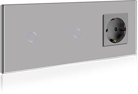 BSEED Interruptor Doble con Enchufe,1 Gang 1 Vía Interruptor de Luz con Enchufe de pared,Gris Interruptor tactil de Luz pared con indicador LED,enchufes de extensión con panel de vidrio templado