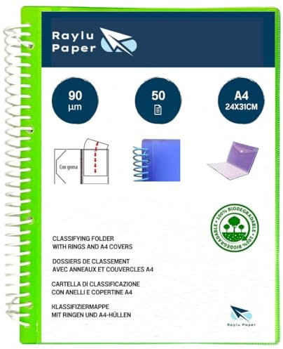 Raylu Paper - Porte Vues A4 avec Pochettes Plastiques Transparentes et Couverture Personnalisable et Fermeture Élastique, Porte Documents Souple (50 Pochettes, Vert)