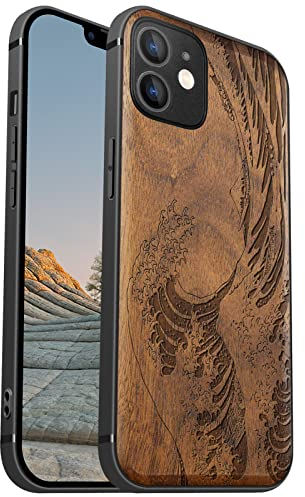 Carveit Magnetisch Hülle für iPhone 12 [Elegante Walnuss] [Weich TPU Stoßstange] Stoßfeste Handyhülle Kompatibel mit 12 Magsafe Hülle Holz （Die große Welle vor Kanagawa）