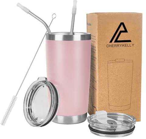 CherryKelly 20oz (550ml) Insulated Travel Tumbler Mug Stainless Steel Vacuum Coffee Cup with 2 Leak-Proof Lids & Straws, BPA-Free, Hot & Cold, Commute, Gym, Office - Pink