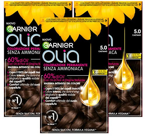 Garnier Olia Permanente Haarfarbe, ohne Ammoniak, Färbung mit Blütenölen natürlichen Ursprungs mit aufhellender und pflegender Wirkung, Farbe 5.0 Braun – 3 Packungen