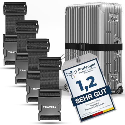 Travely® Premium Koffergurt - Besonders Auffällig & Sicher - Inkl. 4 Namensschildern - Gepäckband ideal über Kreuz - [4er Set] - Schwarz