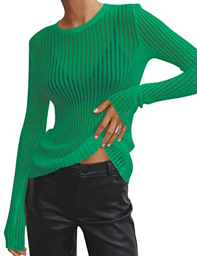 KAMISSY Damen-Pullover, durchsichtig, Rundhalsausschnitt, durchsichtig, Netzstoff, Strickpullover, einfarbig, Basic, langärmelig, lockere Passform, Strickpullover, Grasgrün, Klein