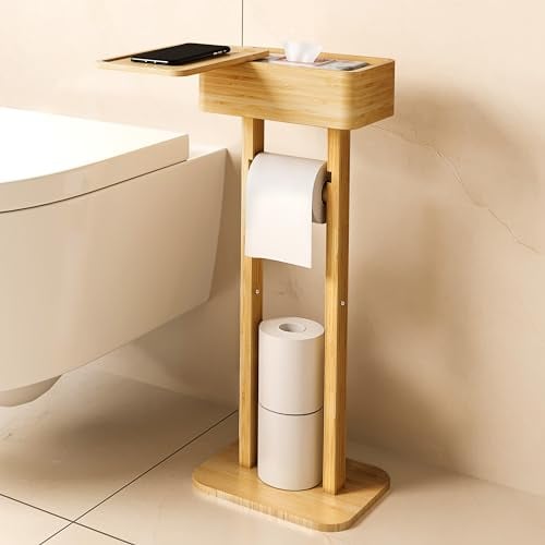 Wealone 4-in-1 Freistehender Toilettenpapierhalter mit Oberem Ablagefach, Bambus Klopapierhalter Stehend, Toilettenpapierhalter mit Feuchttücherbox, Vorübergehende Desktop für Badezimmer(Patentschutz)