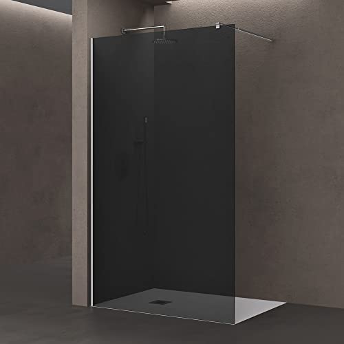 doporro Box Doccia Walk-In 80x200 cm, Parete Doccia Fissa in Vetro Temperato Fumé 8 mm con Barra Stabilizzatrice Regolabile e Profilo Cromato – Bremen01VG