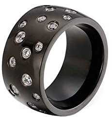 Mesnt Damen Ringe Schwarz, Edelstahl 12MM breiter Verlobungsring mit kubischem Zirkoniumdioxid für Damen Schwarz, Größe 60 (19.1)